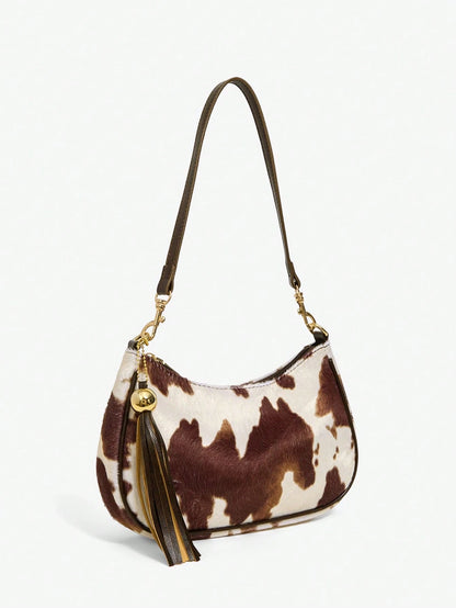 SXY Ladies, Women Shoulder Bag, Hobo Bag, Cow Print, Animal Print, Tassel Decorative Pendant, Retro, Vintage, Fashionable, Elegant, Simple, Personalized, Versatile, Classic, For Commute, Office
