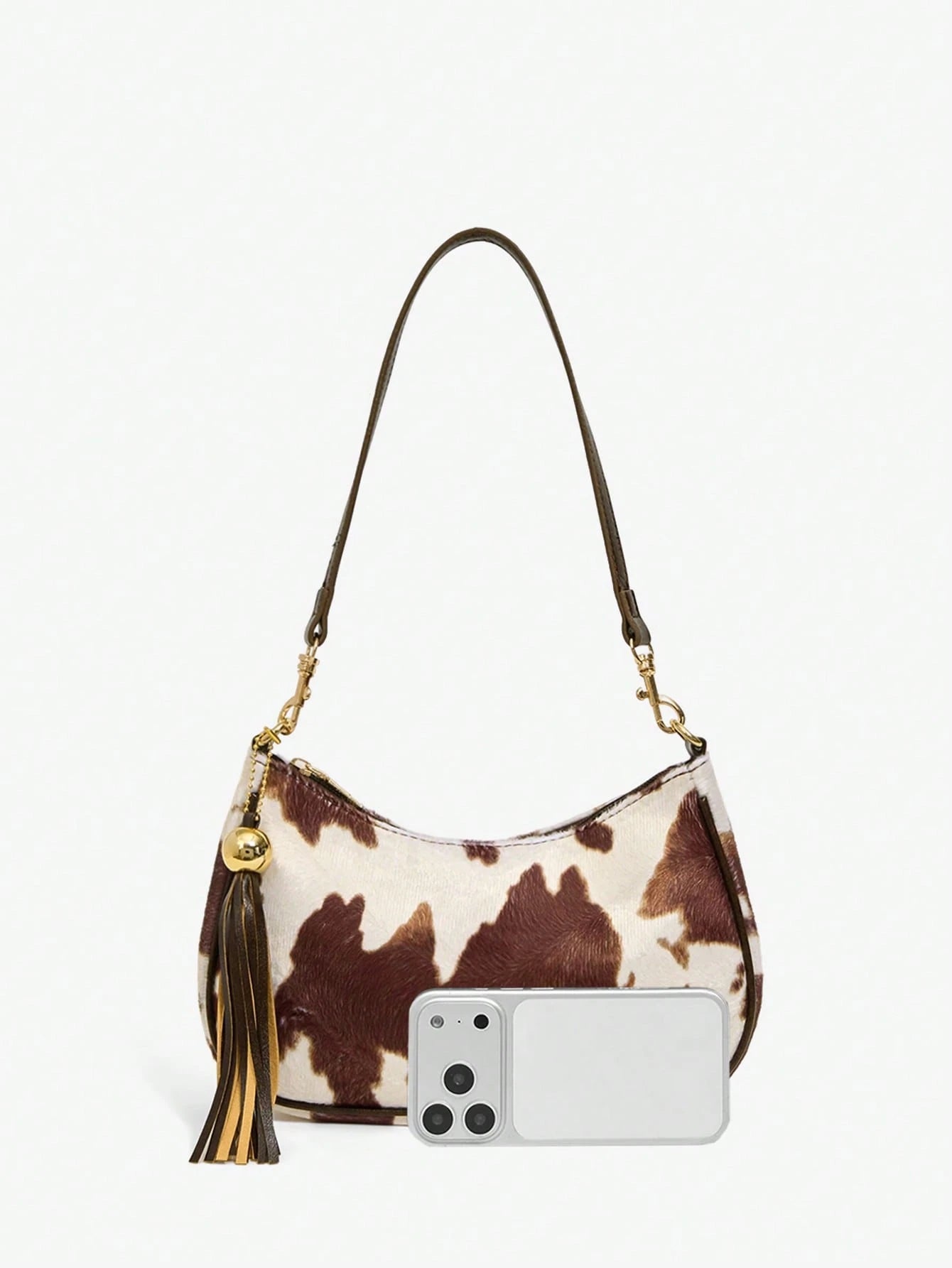SXY Ladies, Women Shoulder Bag, Hobo Bag, Cow Print, Animal Print, Tassel Decorative Pendant, Retro, Vintage, Fashionable, Elegant, Simple, Personalized, Versatile, Classic, For Commute, Office