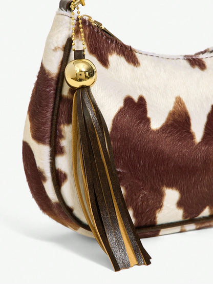 SXY Ladies, Women Shoulder Bag, Hobo Bag, Cow Print, Animal Print, Tassel Decorative Pendant, Retro, Vintage, Fashionable, Elegant, Simple, Personalized, Versatile, Classic, For Commute, Office
