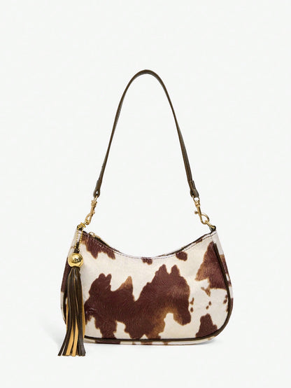SXY Ladies, Women Shoulder Bag, Hobo Bag, Cow Print, Animal Print, Tassel Decorative Pendant, Retro, Vintage, Fashionable, Elegant, Simple, Personalized, Versatile, Classic, For Commute, Office
