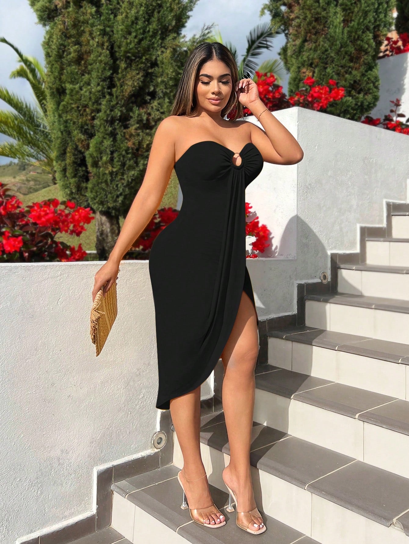 SXY Metallic Ring Ruched Strapless Midi Dress With Front Slit Black Summer 70s Party Boho Women Outfit Pride Clothes Western Wear Birthday Concert