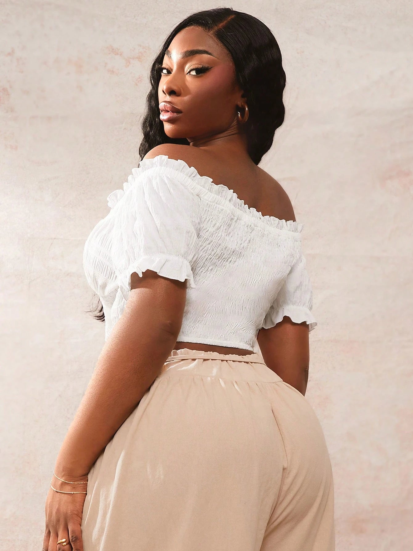 SXY Plus Size Women's Bohemian Elegant Solid Color Ruffle Off Shoulder Short Sleeve Blouse For Summer Vacation White