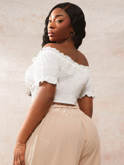 SXY Plus Size Women's Bohemian Elegant Solid Color Ruffle Off Shoulder Short Sleeve Blouse For Summer Vacation White