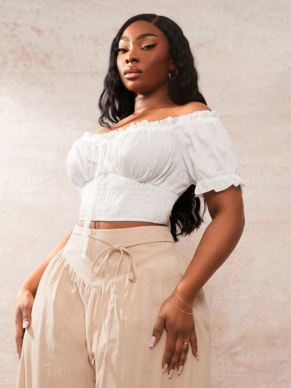 SXY Plus Size Women's Bohemian Elegant Solid Color Ruffle Off Shoulder Short Sleeve Blouse For Summer Vacation White