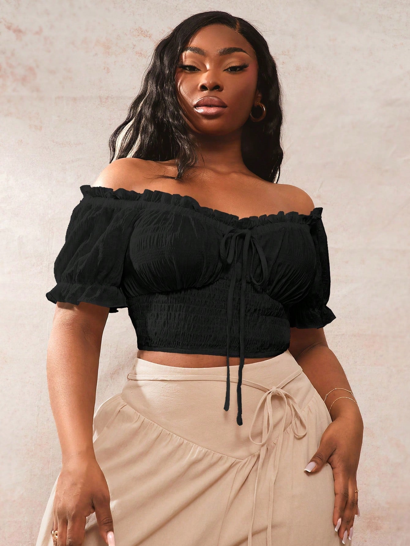 SXY Plus Size Women's Bohemian Elegant Solid Color Ruffle Off Shoulder Short Sleeve Blouse For Summer Vacation White