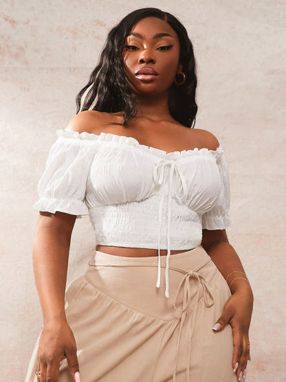 SXY Plus Size Women's Bohemian Elegant Solid Color Ruffle Off Shoulder Short Sleeve Blouse For Summer Vacation White