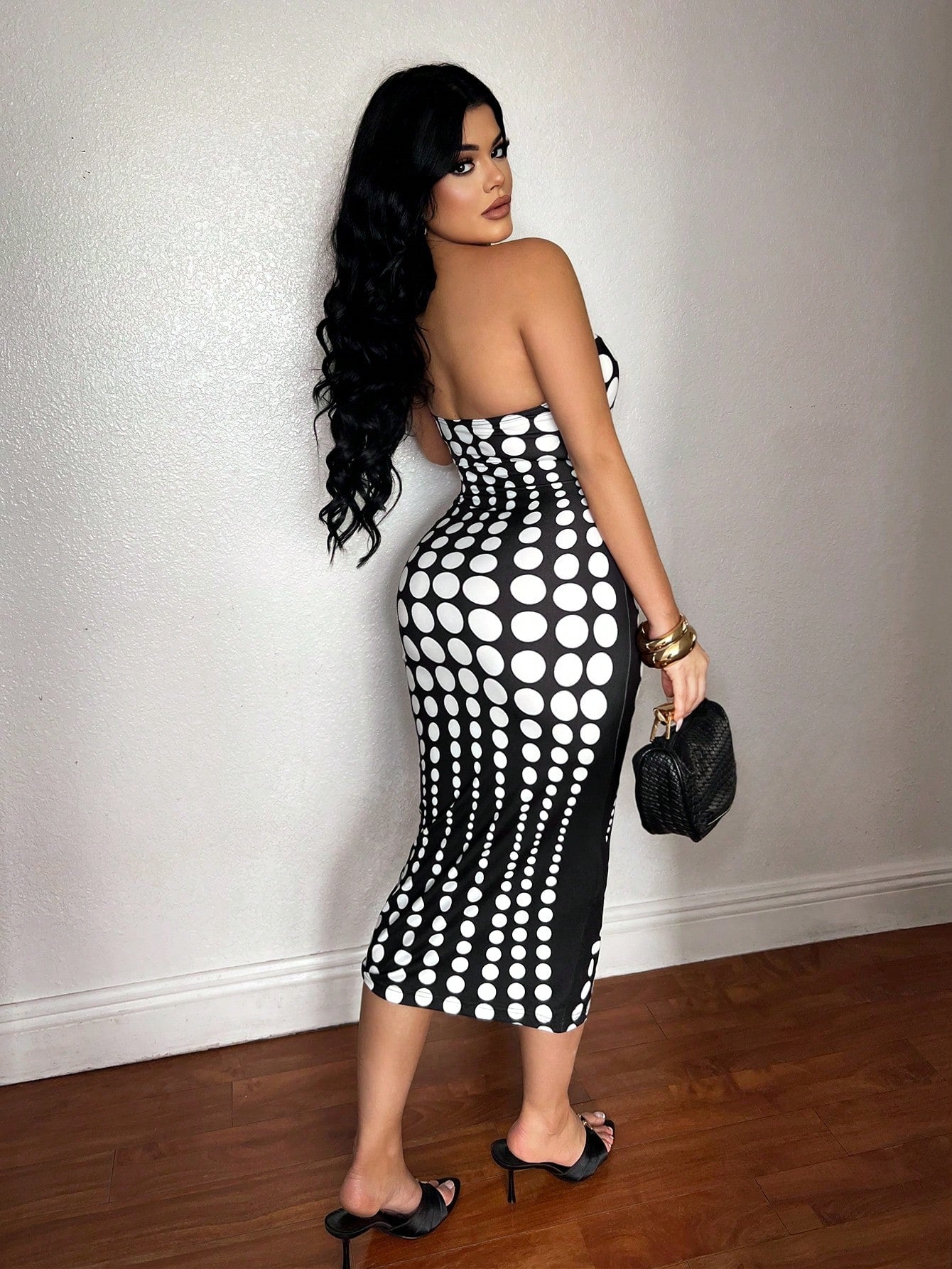 SXY Polka Dot Print Strapless Fitted Sexy Midi Dress Night Out Black And White Polka Dot Summer