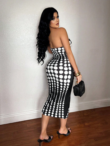 SXY Polka Dot Print Strapless Fitted Sexy Midi Dress Night Out Black And White Polka Dot Summer
