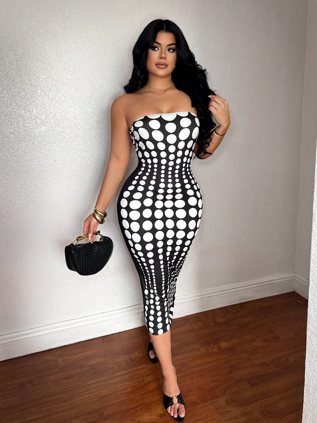 SXY Polka Dot Print Strapless Fitted Sexy Midi Dress Night Out Black And White Polka Dot Summer