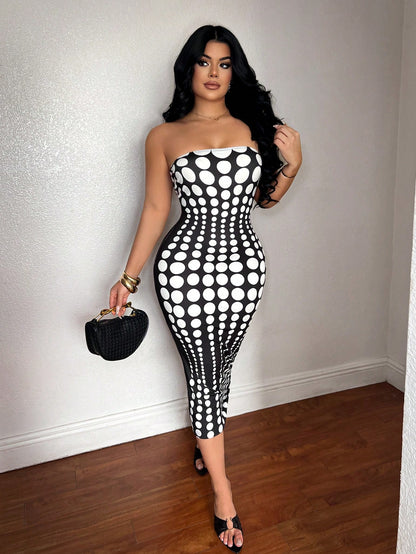 SXY Polka Dot Print Strapless Fitted Sexy Midi Dress Night Out Black And White Polka Dot Summer