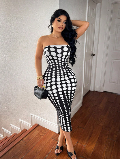 SXY Polka Dot Print Strapless Fitted Sexy Midi Dress Night Out Black And White Polka Dot Summer
