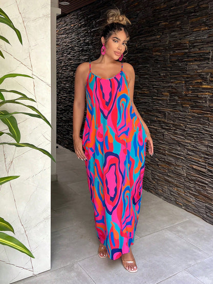 SXY Summer Beach Abstract Printed Spaghetti Strap Dress