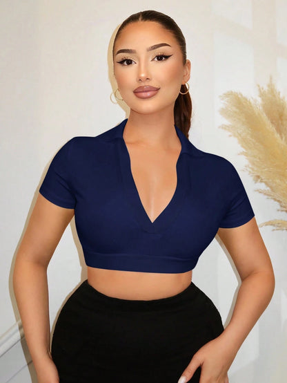 SXY Summer Sexy Casual Solid Color Cropped Fitted Short Sleeve T-Shirt Night Out Club Night Going Out Navy Blue