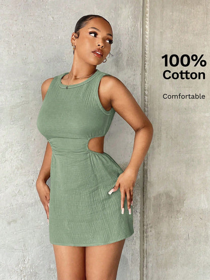 SXY Women's Solid Color Sleeveless Round Neck Cutout Waist Bodycon Dress,Mint Green Dress Sage Green Dress