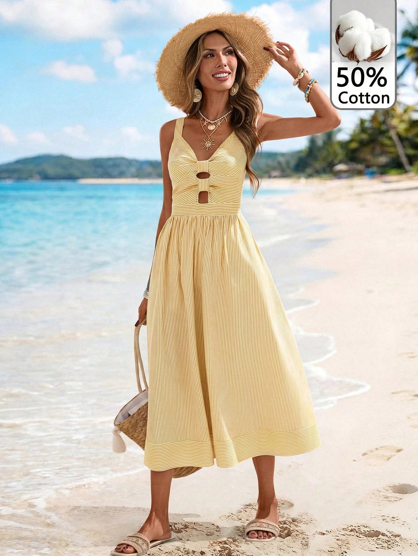 Sylviya Women's Casual Tropical Tropical Boho Cotton Pale Yellow Twist Knot Dress, Summer Vacation Vacation Beach Vacation Vacation