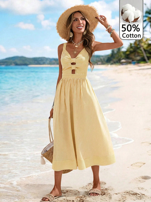 Sylviya Women's Casual Tropical Tropical Boho Cotton Pale Yellow Twist Knot Dress, Summer Vacation Vacation Beach Vacation Vacation