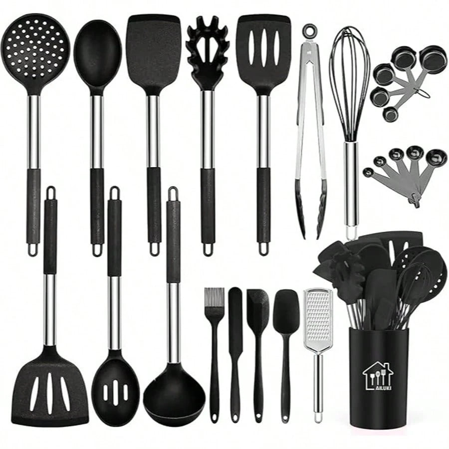 TAIMASI 26-Piece Silicone Cooking Utensil Set- Halloween Baking Essentials & Early Christmas Gift For Home Cooks- Heat-Resistant Non-Stick Tools (Steel Handles) Thanksgiving Holiday Kitchen Cooking