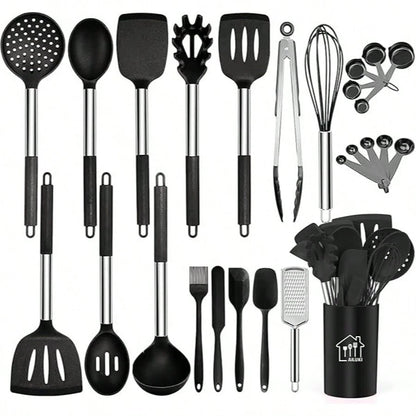 TAIMASI 26-Piece Silicone Cooking Utensil Set- Halloween Baking Essentials & Early Christmas Gift For Home Cooks- Heat-Resistant Non-Stick Tools (Steel Handles) Thanksgiving Holiday Kitchen Cooking