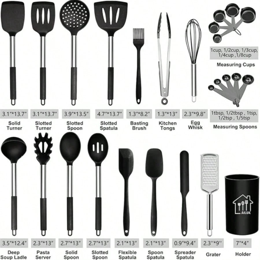 TAIMASI 26-Piece Silicone Cooking Utensil Set- Halloween Baking Essentials & Early Christmas Gift For Home Cooks- Heat-Resistant Non-Stick Tools (Steel Handles) Thanksgiving Holiday Kitchen Cooking