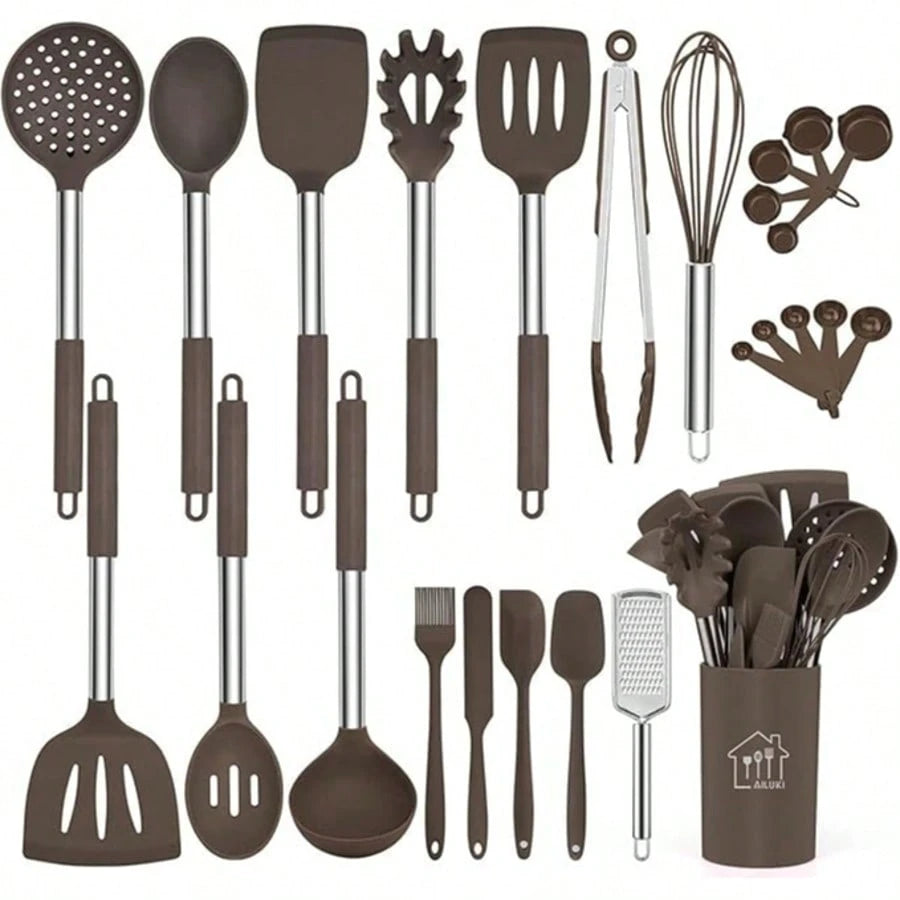 TAIMASI 26-Piece Silicone Cooking Utensil Set- Halloween Baking Essentials & Early Christmas Gift For Home Cooks- Heat-Resistant Non-Stick Tools (Steel Handles) Thanksgiving Holiday Kitchen Cooking