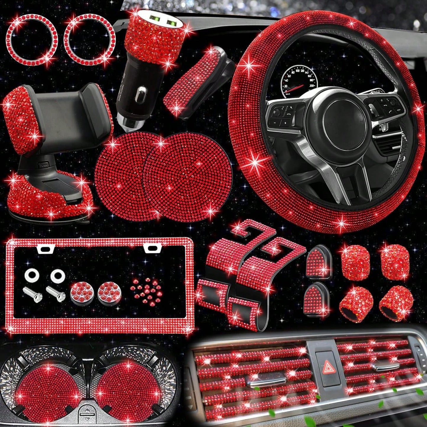 TAIMASI 27-Piece Bling Car Accessories Set- Universal Fit Steering Wheel Covers, License Plate Frames, Phone Holder, Car Fast Charger, Coasters