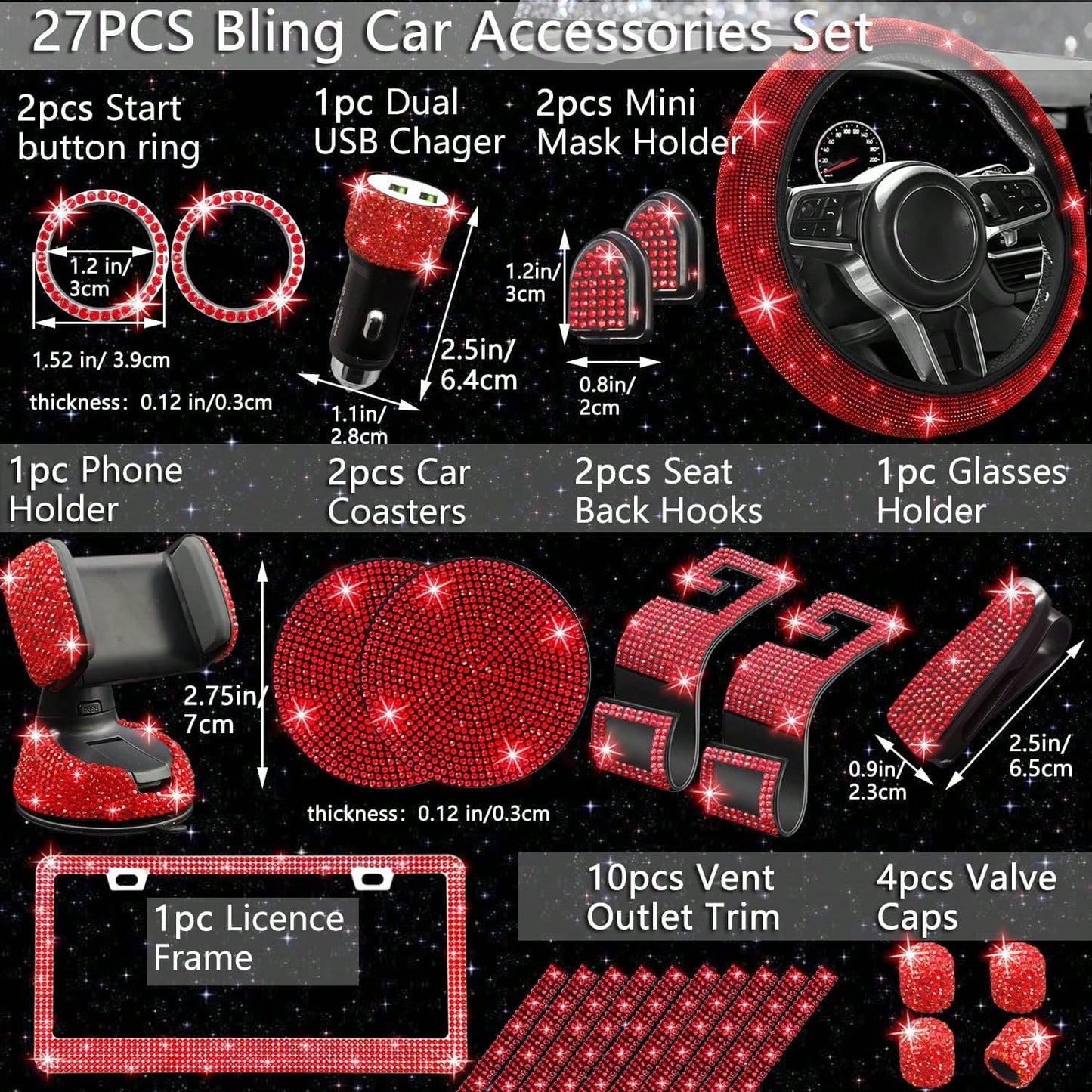 TAIMASI 27-Piece Bling Car Accessories Set- Universal Fit Steering Wheel Covers, License Plate Frames, Phone Holder, Car Fast Charger, Coasters
