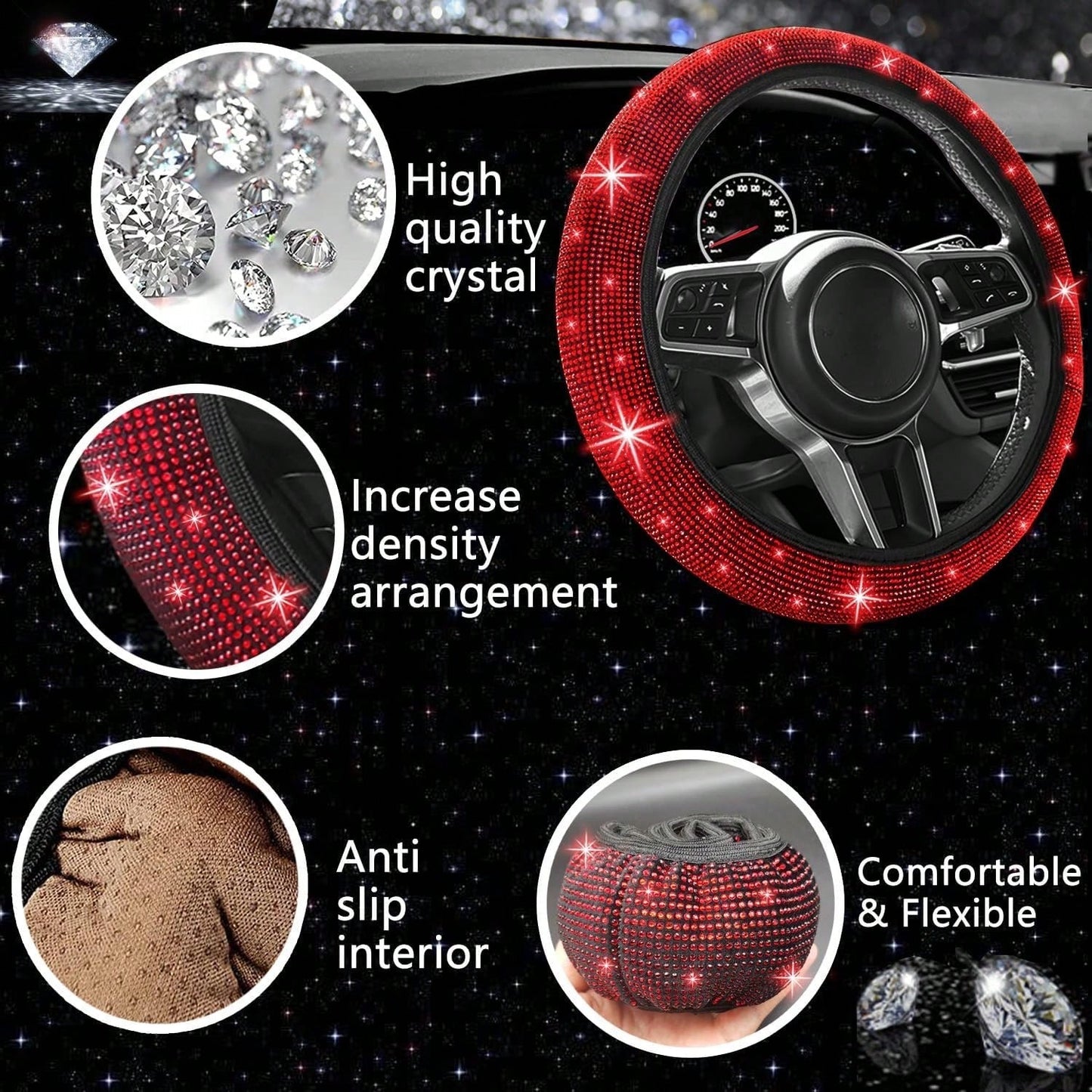 TAIMASI 27-Piece Bling Car Accessories Set- Universal Fit Steering Wheel Covers, License Plate Frames, Phone Holder, Car Fast Charger, Coasters
