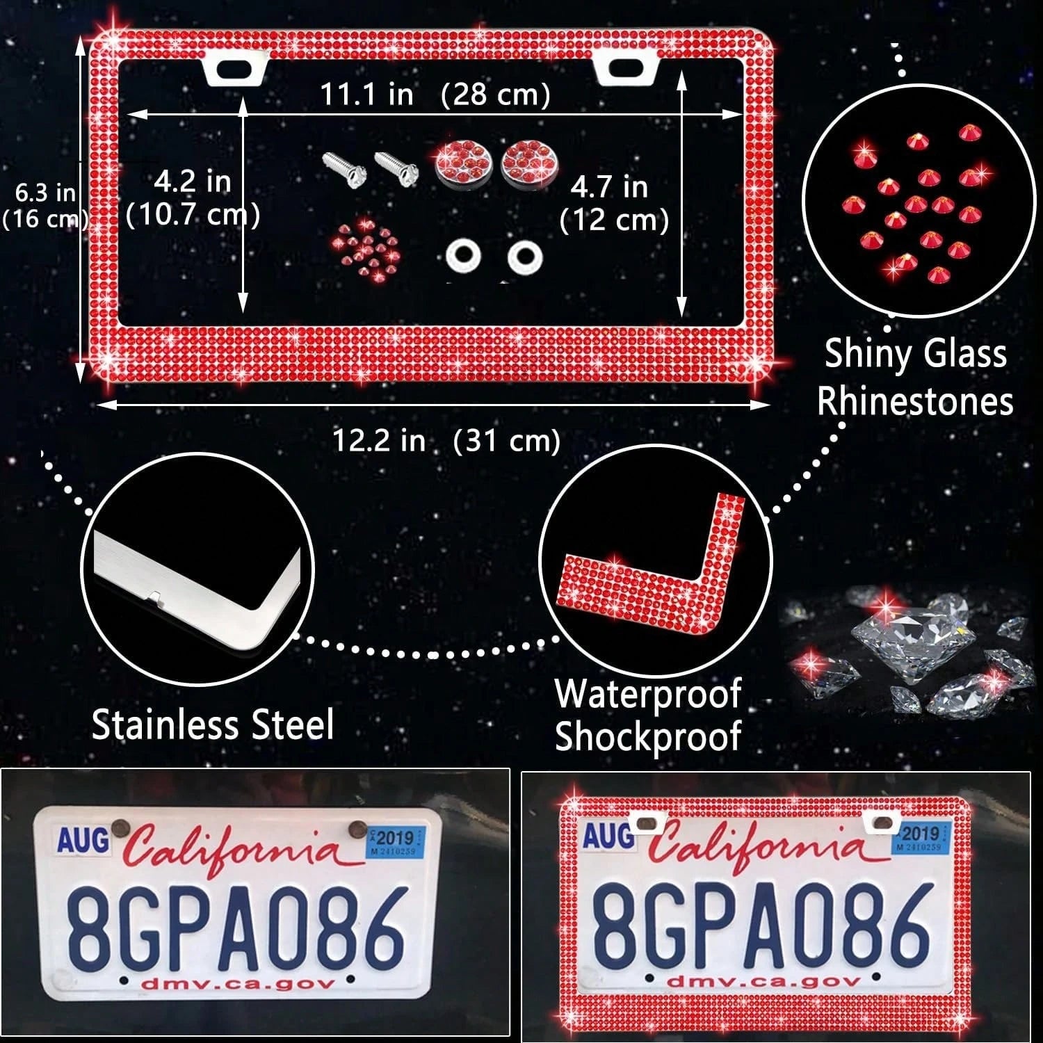 TAIMASI 27-Piece Bling Car Accessories Set- Universal Fit Steering Wheel Covers, License Plate Frames, Phone Holder, Car Fast Charger, Coasters
