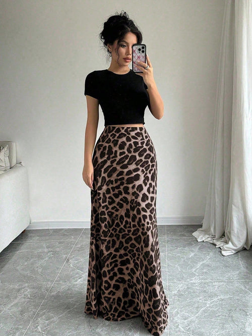 Tall A-Line Leopard Print Elastic Waist Women's Skirt, Tall Women