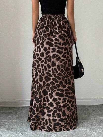 Tall A-Line Leopard Print Elastic Waist Women's Skirt, Tall Women
