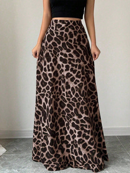Tall A-Line Leopard Print Elastic Waist Women's Skirt, Tall Women