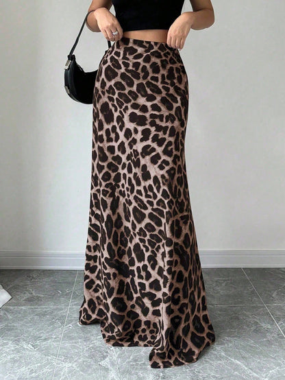 Tall A-Line Leopard Print Elastic Waist Women's Skirt, Tall Women