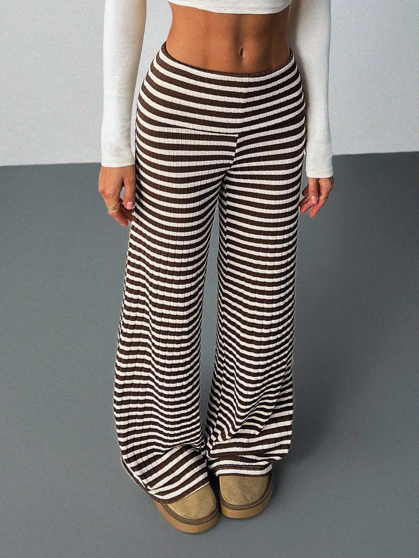 Tall Women's Folded Waist Sports Casual Streetwear Pants Brown Polka Dot Flared Knit Pattern Wide Leg Ribbed Palazzo Autumn Tall Everyday Work Bar