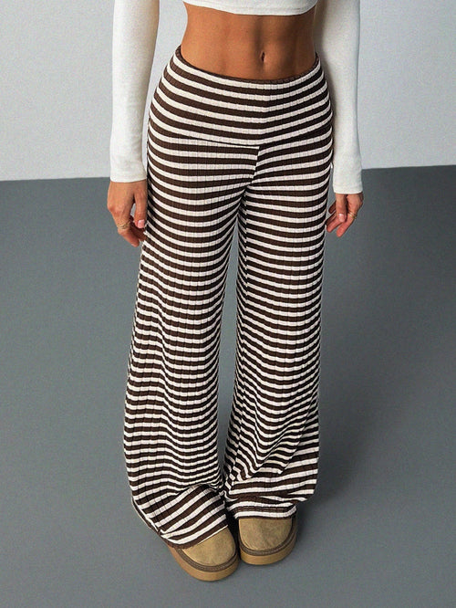 Tall Women's Folded Waist Sports Casual Streetwear Pants Brown Polka Dot Flared Knit Pattern Wide Leg Ribbed Palazzo Autumn Tall Everyday Work Bar