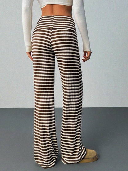 Tall Women's Folded Waist Sports Casual Streetwear Pants Brown Polka Dot Flared Knit Pattern Wide Leg Ribbed Palazzo Autumn Tall Everyday Work Bar
