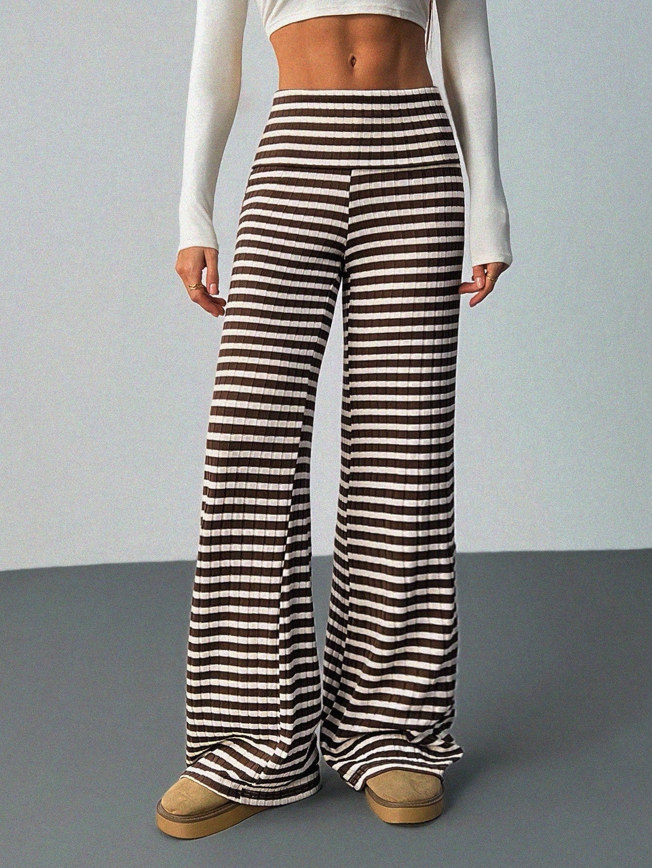 Tall Women's Folded Waist Sports Casual Streetwear Pants Brown Polka Dot Flared Knit Pattern Wide Leg Ribbed Palazzo Autumn Tall Everyday Work Bar