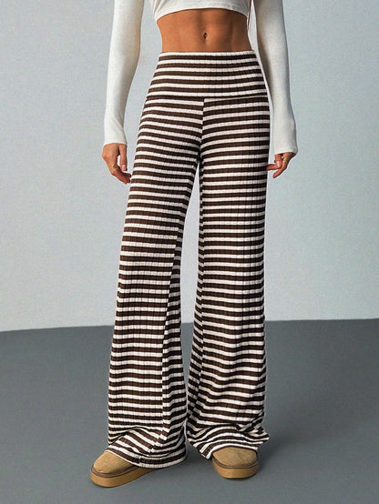 Tall Women's Folded Waist Sports Casual Streetwear Pants Brown Polka Dot Flared Knit Pattern Wide Leg Ribbed Palazzo Autumn Tall Everyday Work Bar