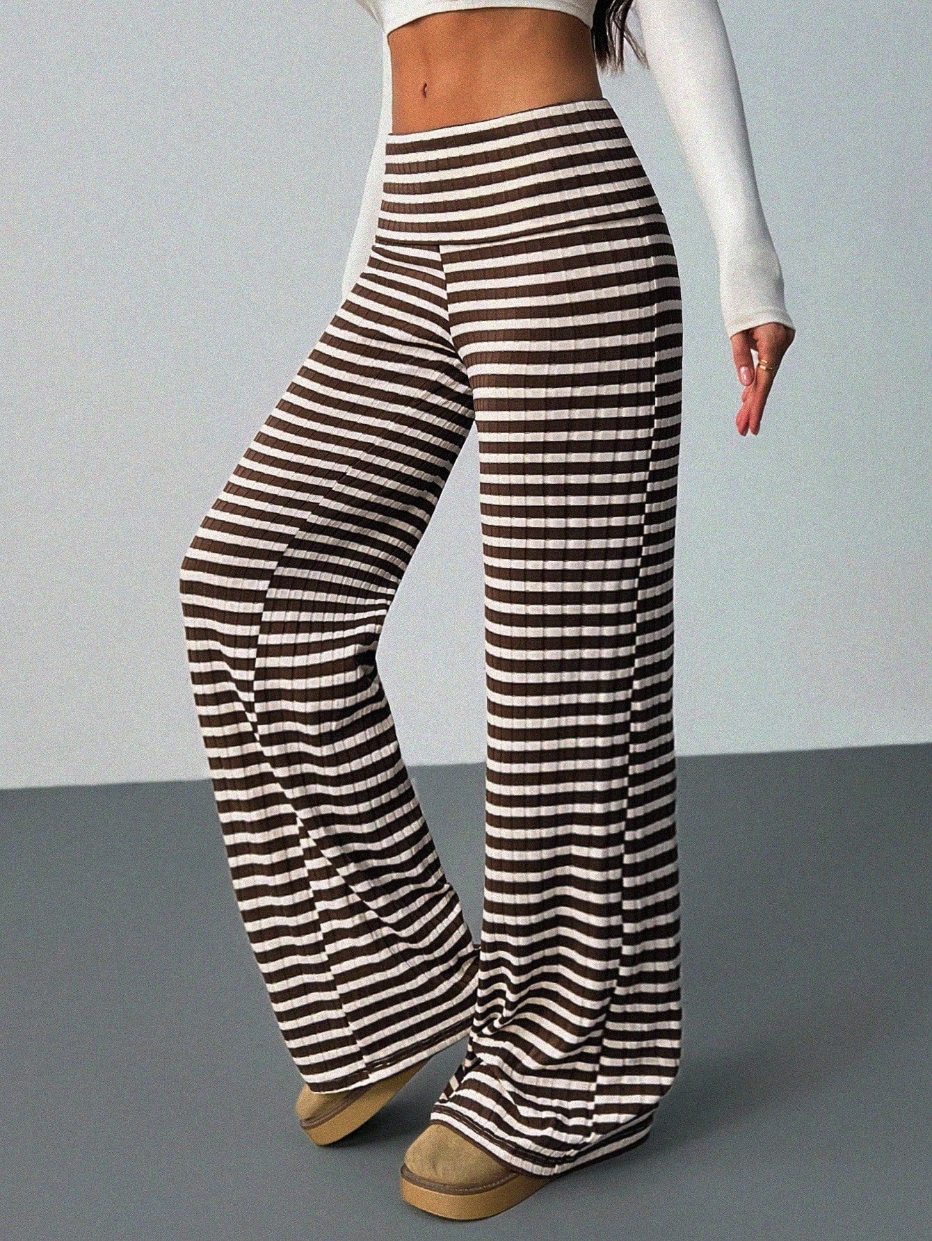 Tall Women's Folded Waist Sports Casual Streetwear Pants Brown Polka Dot Flared Knit Pattern Wide Leg Ribbed Palazzo Autumn Tall Everyday Work Bar