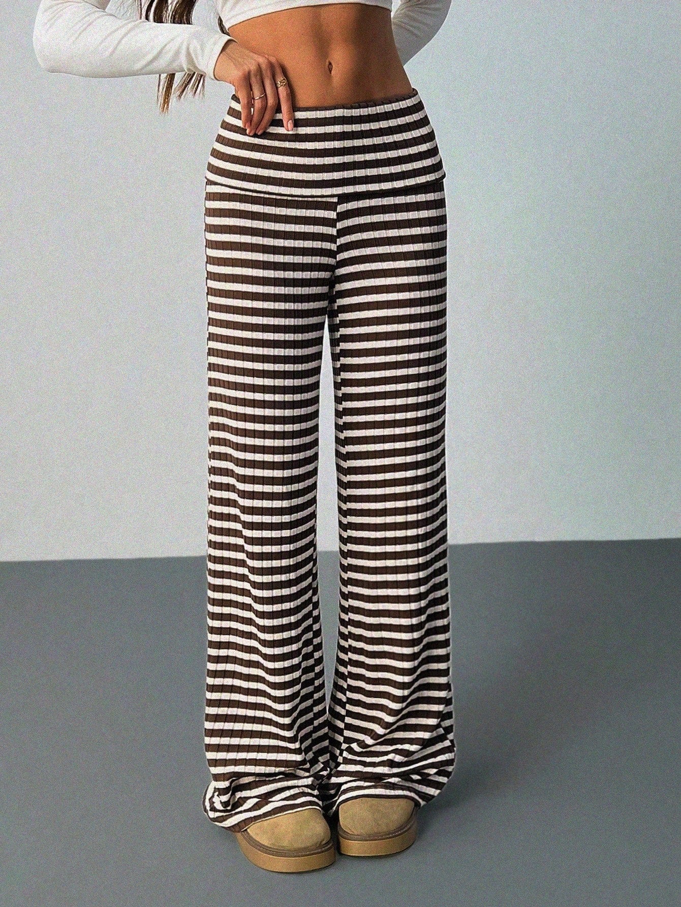 Tall Women's Folded Waist Sports Casual Streetwear Pants Brown Polka Dot Flared Knit Pattern Wide Leg Ribbed Palazzo Autumn Tall Everyday Work Bar