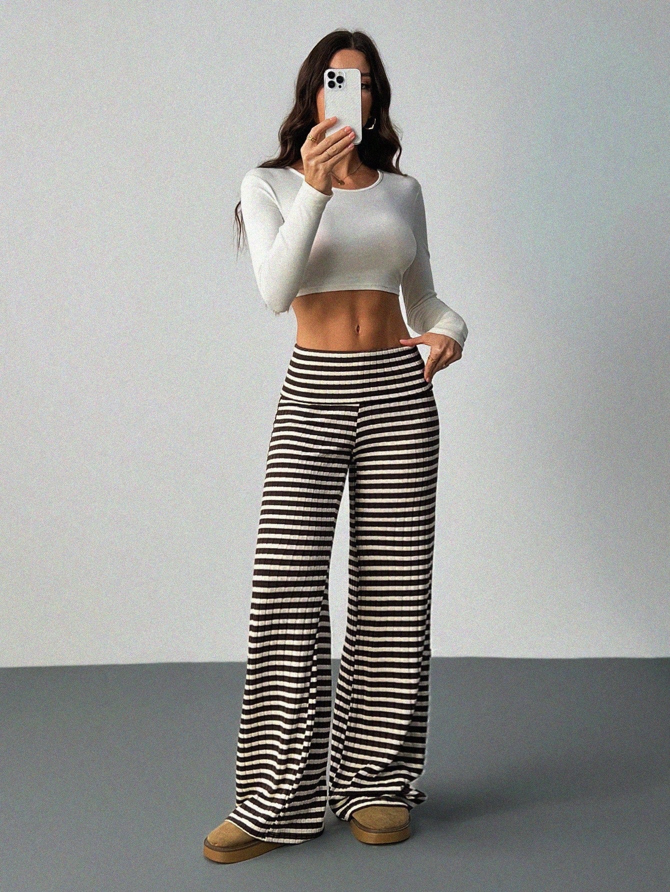 Tall Women's Folded Waist Sports Casual Streetwear Pants Brown Polka Dot Flared Knit Pattern Wide Leg Ribbed Palazzo Autumn Tall Everyday Work Bar