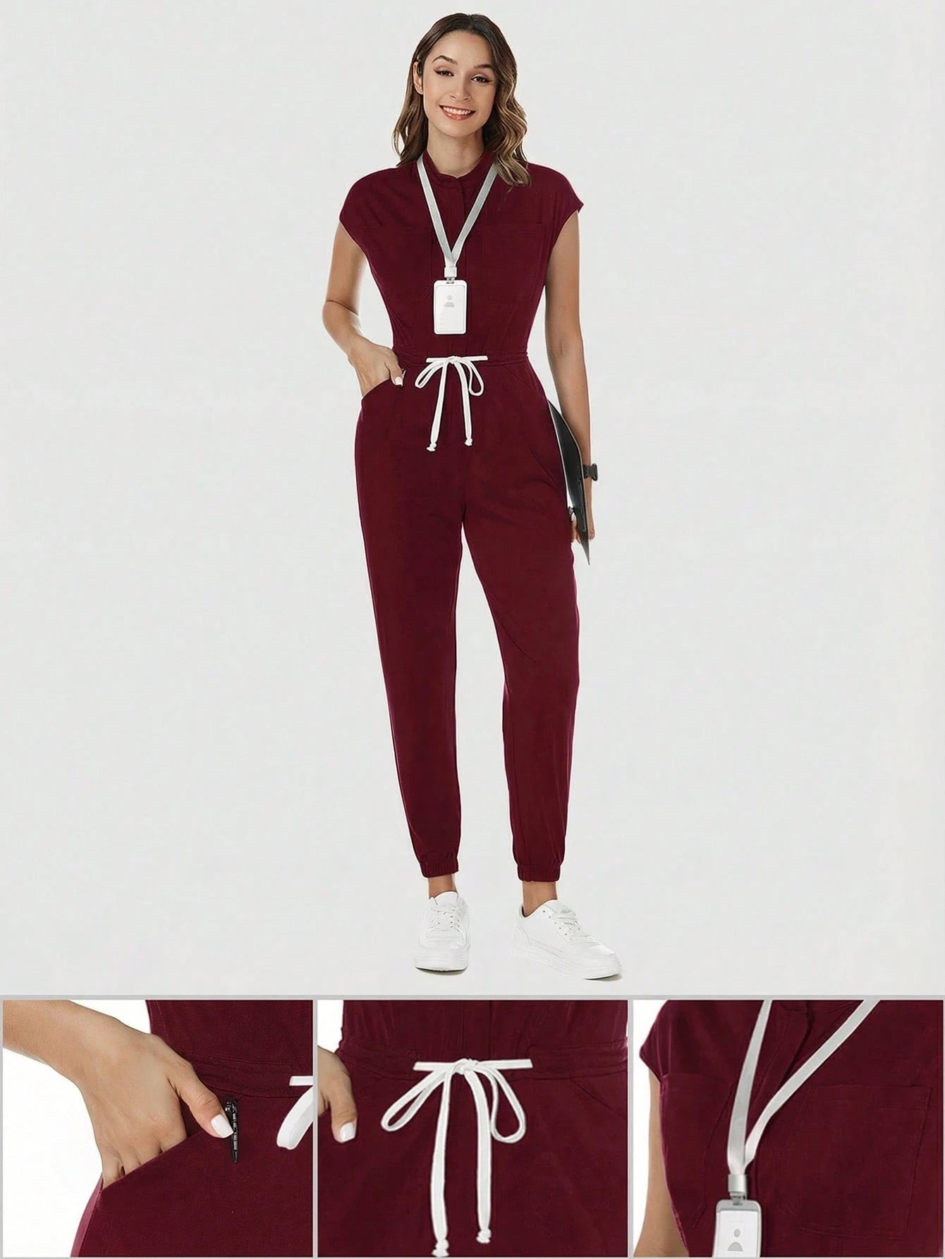 TaskEZ Solid Color Drawstring Waist Scrub Uniform Jumpsuit