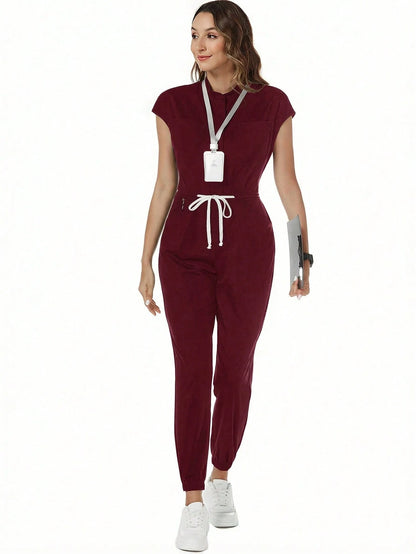 TaskEZ Solid Color Drawstring Waist Scrub Uniform Jumpsuit
