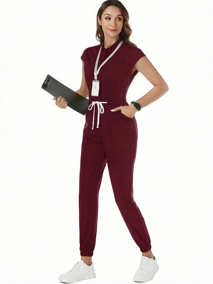 TaskEZ Solid Color Drawstring Waist Scrub Uniform Jumpsuit