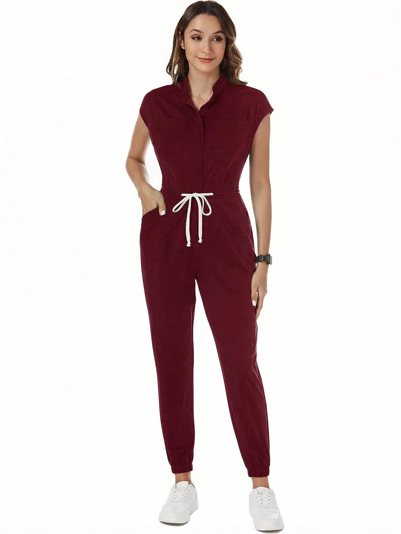 TaskEZ Solid Color Drawstring Waist Scrub Uniform Jumpsuit