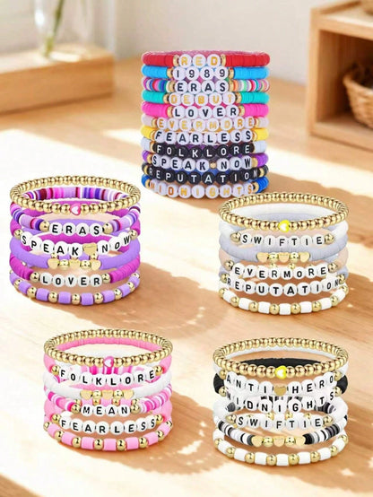Taylor Swift's Tour Collection: Colorful Handmade Letter Bead Bracelet Is Perfect For Taylor Swift Fans As An Accessory For Concert Outfits. The Elastic Bead String Bracelet Is Suitable For Party Gift