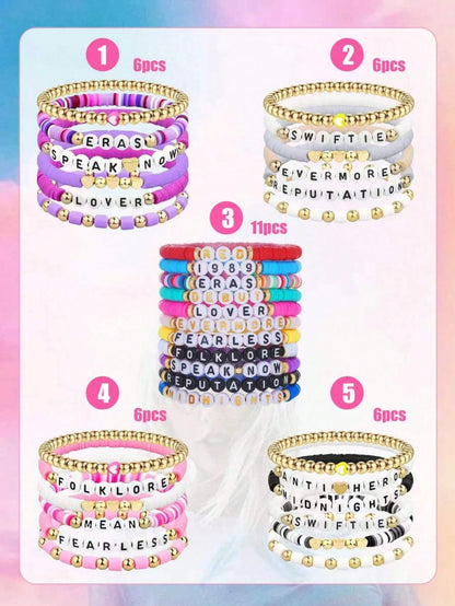 Taylor Swift's Tour Collection: Colorful Handmade Letter Bead Bracelet Is Perfect For Taylor Swift Fans As An Accessory For Concert Outfits. The Elastic Bead String Bracelet Is Suitable For Party Gift