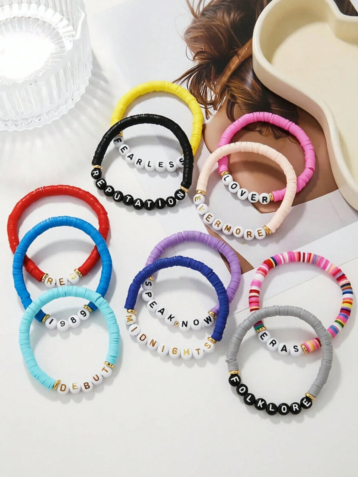 Taylor Swift's Tour Collection: Colorful Handmade Letter Bead Bracelet Is Perfect For Taylor Swift Fans As An Accessory For Concert Outfits. The Elastic Bead String Bracelet Is Suitable For Party Gift