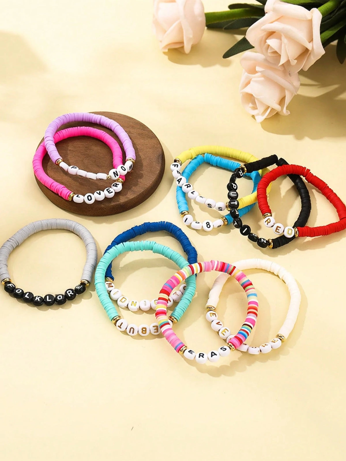 Taylor Swift's Tour Collection: Colorful Handmade Letter Bead Bracelet Is Perfect For Taylor Swift Fans As An Accessory For Concert Outfits. The Elastic Bead String Bracelet Is Suitable For Party Gift