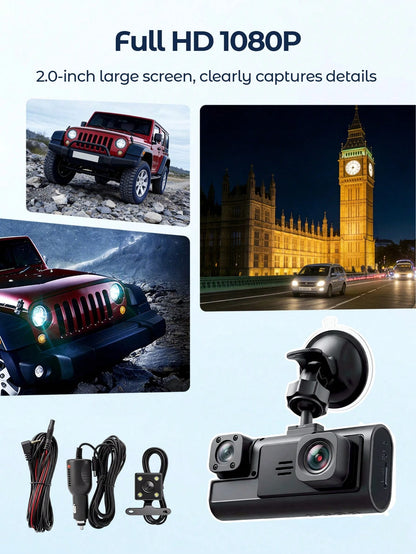 Teckwe 1080P Full HD 3-Channel Dash Camera For Vehicles, Triple Lens Car Dash Cam With Night Vision, Loop Recording, Motion Detection, Wide View, 24h Parking Monitor
