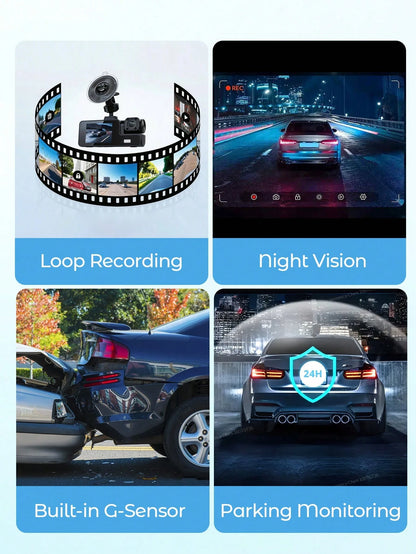 Teckwe 1080P Full HD 3-Channel Dash Camera For Vehicles, Triple Lens Car Dash Cam With Night Vision, Loop Recording, Motion Detection, Wide View, 24h Parking Monitor